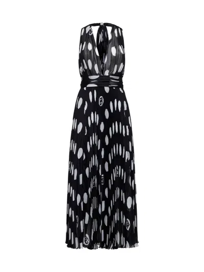 Dolce & Gabbana Pleated Chiffon Calf-length Dress With Polka-dot Print In Black