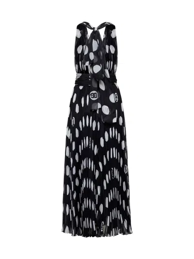 Dolce & Gabbana Pleated Chiffon Calf-length Dress With Polka-dot Print In Black