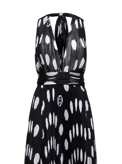 Dolce & Gabbana Pleated Chiffon Calf-length Dress With Polka-dot Print In Black