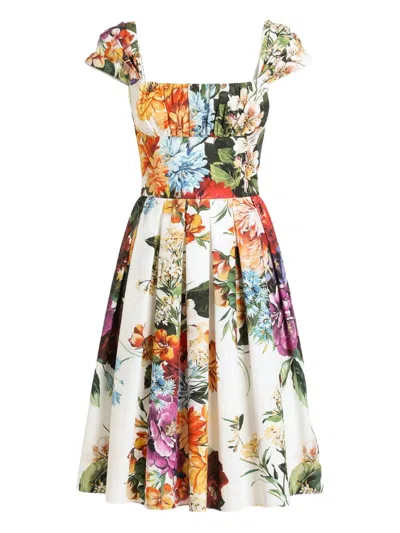 Dolce & Gabbana Floral Bouquet Popeline Cap-sleeve Pleated Dress In Yellow