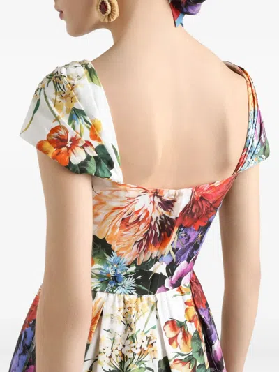 Dolce & Gabbana Floral Bouquet Popeline Cap-sleeve Pleated Dress In Yellow