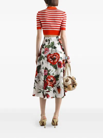 Dolce & Gabbana Multicolor Midi Skirt With All-over Floral Print And Rear Zip Closure In Cotton Woman In White