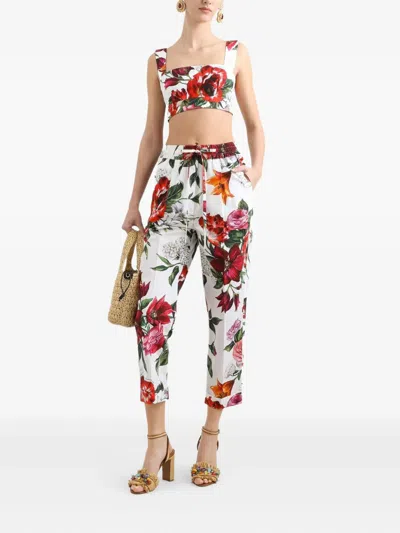 Dolce & Gabbana Multicolor Croped Top With Square Neck And All-over Floral Design In Cotton Woman In Red