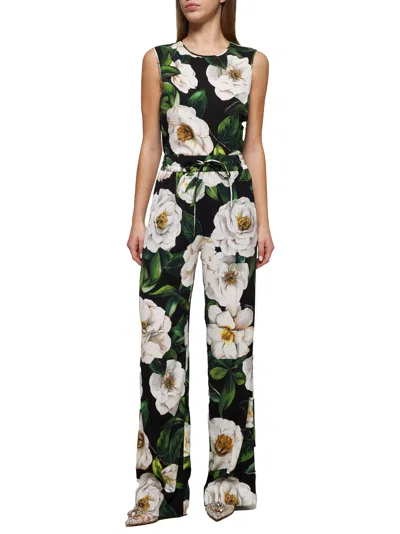 Dolce & Gabbana Gardenia Print Stretch Silk Charmeuse Pajama Pants In White