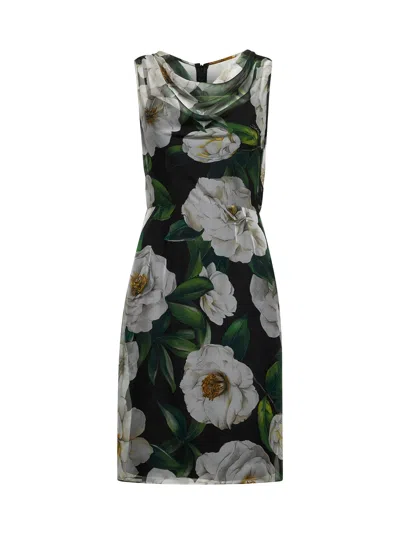 Dolce & Gabbana Women Gardenia Print Silk Chiffon Sheath Dress In Black