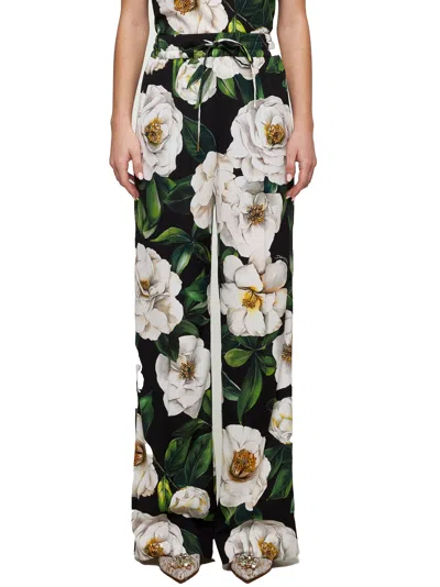 Dolce & Gabbana Gardenia Print Stretch Silk Charmeuse Pajama Pants In White