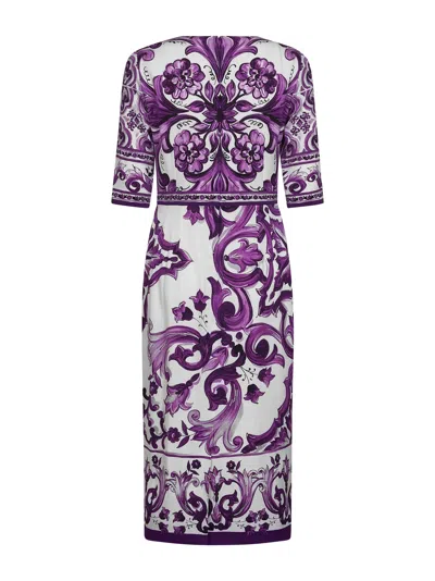 Dolce & Gabbana Violet Crewneck Dress With Rear Zip Closure And All-over Floral Print In Silk Stretch Woman In Purple
