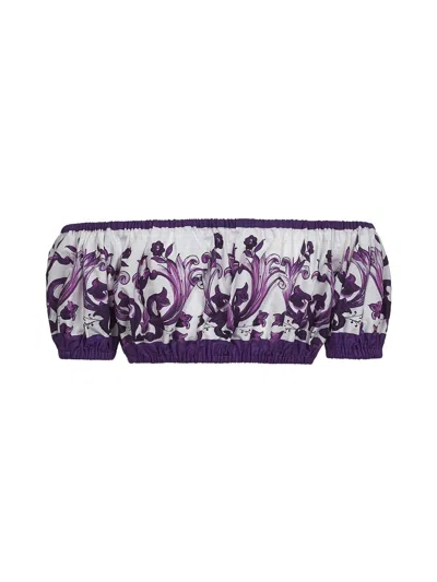 Dolce & Gabbana Violet Off-shoulder Cropped Top With All-over Floral Print In Cotton Woman In Purple