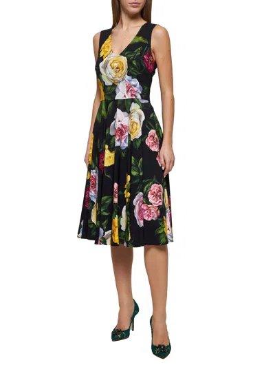 Dolce & Gabbana Peony And Rose-print Cady Midi Dress With Circle Skirt In Black
