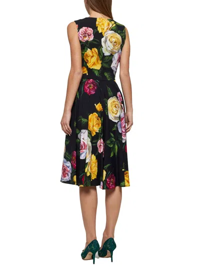 Dolce & Gabbana Peony And Rose-print Cady Midi Dress With Circle Skirt In Black