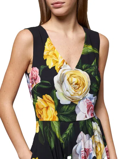 Dolce & Gabbana Peony And Rose-print Cady Midi Dress With Circle Skirt In Black