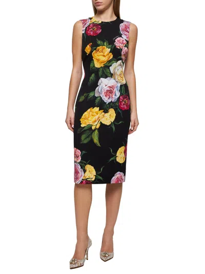 Dolce & Gabbana Women Peony And Rose Print Calf-lenght Sheath Dress In Black
