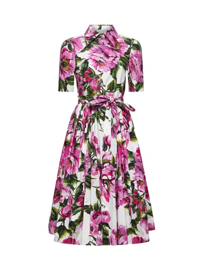 Dolce & Gabbana Pink Crewneck Dress With Logo Lettering Detail On The Front And All-over Floral Motif In Cotton Woma