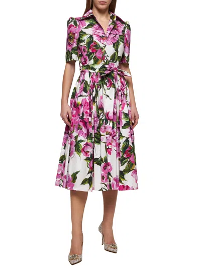 Dolce & Gabbana Pink Crewneck Dress With Logo Lettering Detail On The Front And All-over Floral Motif In Cotton Woma
