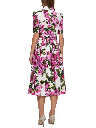 Dolce & Gabbana Pink Crewneck Dress With Logo Lettering Detail On The Front And All-over Floral Motif In Cotton Woma