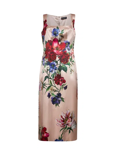 Dolce & Gabbana Women Pink Floral Print Stretch Satin Sheath Dress In Pink