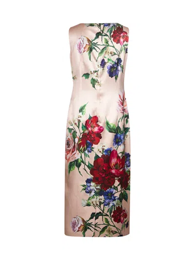 Dolce & Gabbana Women Pink Floral Print Stretch Satin Sheath Dress In Pink