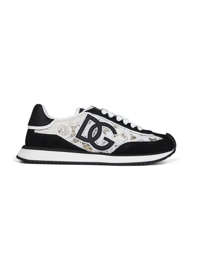 Dolce & Gabbana Black And White Low Top With Lace Details And Dg Patch On The Side In Black