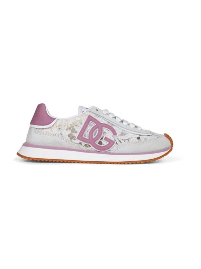 Dolce & Gabbana White Low Top With Lace Details And Dg Patch On The Side In Fabric And Suede Blend Woman In Multi