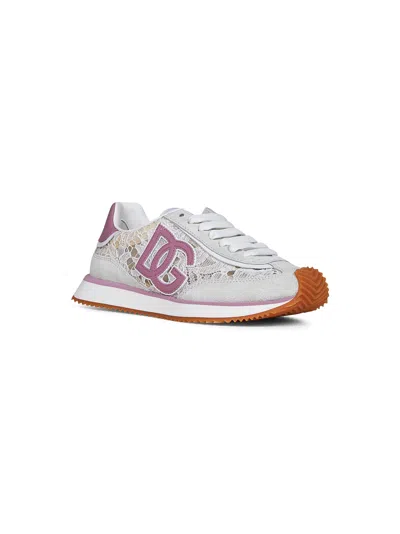 Dolce & Gabbana White Low Top With Lace Details And Dg Patch On The Side In Fabric And Suede Blend Woman In Multi
