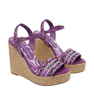 Dolce & Gabbana Dolce&gabbana Women Embroidery Maiolica  Pattern Wedged Sandals In Purple