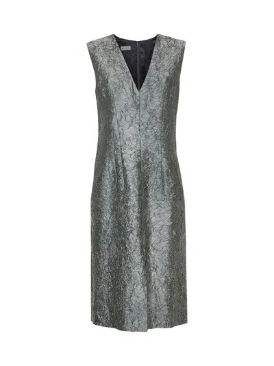 Dries Van Noten Women Green Crushed Viscose Cotton Blend Midi Sheath Dress In Gray