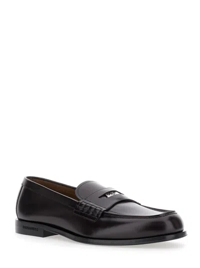 Dsquared2 Black Loafers With Logo Plaque On The Front And Logo Lettering On The Heel In Leather Man In Black
