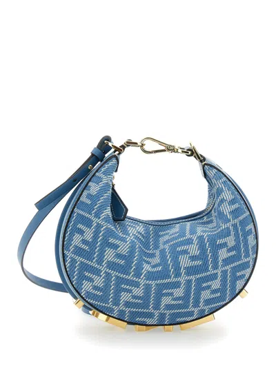 Fendi 'graphy' Blue Mini Bag With All-over Ff Motif And Metal Lettering Logo On The Bottom In C