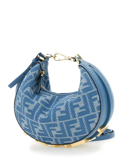Fendi 'graphy' Blue Mini Bag With All-over Ff Motif And Metal Lettering Logo On The Bottom In C