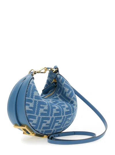 Fendi 'graphy' Blue Mini Bag With All-over Ff Motif And Metal Lettering Logo On The Bottom In C