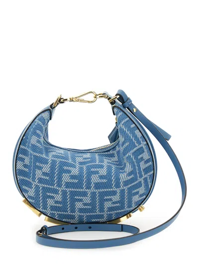 Fendi 'graphy' Blue Mini Bag With All-over Ff Motif And Metal Lettering Logo On The Bottom In C