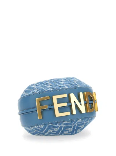 Fendi 'graphy' Blue Mini Bag With All-over Ff Motif And Metal Lettering Logo On The Bottom In C
