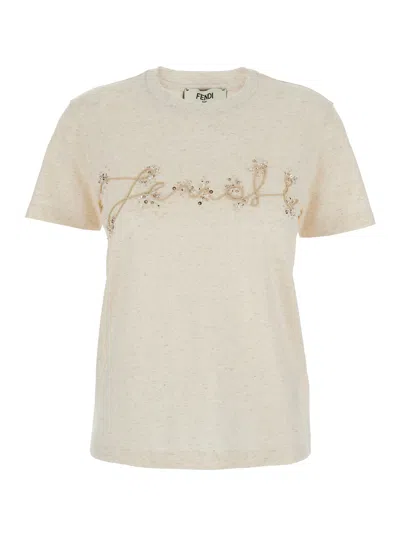 Fendi Beige Cotton And Linen T-shirt With Logo In Neutral