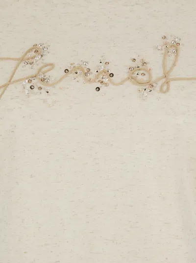 Fendi Beige Cotton And Linen T-shirt With Logo In Neutral