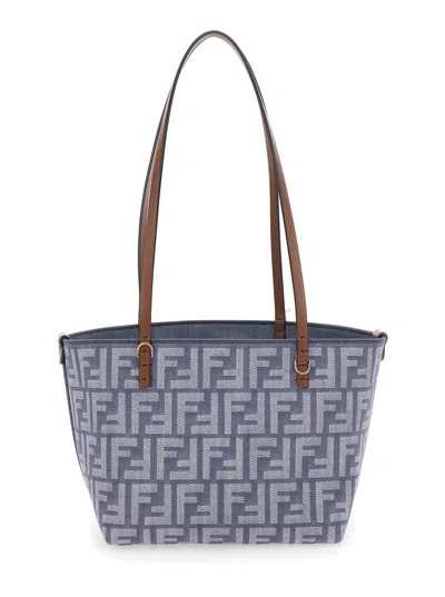 Fendi Small Roll Ff-logo Leather-handle Tote Bag In Blue