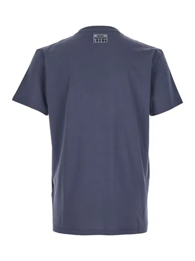 Fendi Men Blue Crewneck T-shirt With Logo Print On The Front And Logo Patch On The Rear In Cotton Ma In Blue