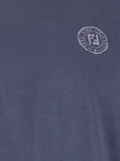 Fendi Men Blue Crewneck T-shirt With Logo Print On The Front And Logo Patch On The Rear In Cotton Ma In Blue