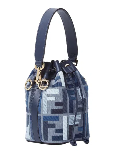 Fendi ‘mon Tresor Mini' Blue Bucket Bag With Drawstring Closure And All-over Ff Motif In Cotton Blen