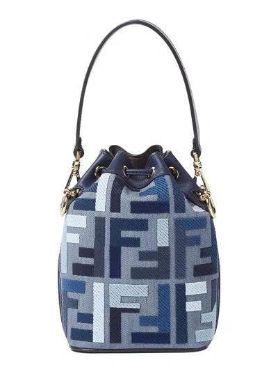 Fendi ‘mon Tresor Mini' Blue Bucket Bag With Drawstring Closure And All-over Ff Motif In Cotton Blen