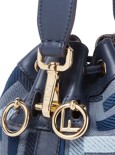 Fendi ‘mon Tresor Mini' Blue Bucket Bag With Drawstring Closure And All-over Ff Motif In Cotton Blen
