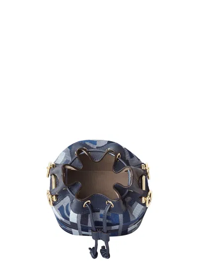 Fendi ‘mon Tresor Mini' Blue Bucket Bag With Drawstring Closure And All-over Ff Motif In Cotton Blen