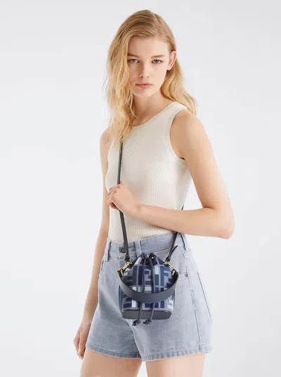 Fendi ‘mon Tresor Mini' Blue Bucket Bag With Drawstring Closure And All-over Ff Motif In Cotton Blen