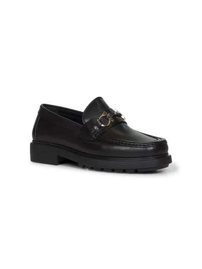 Ferragamo Men Black Leather Loafers With Gancini Ornament