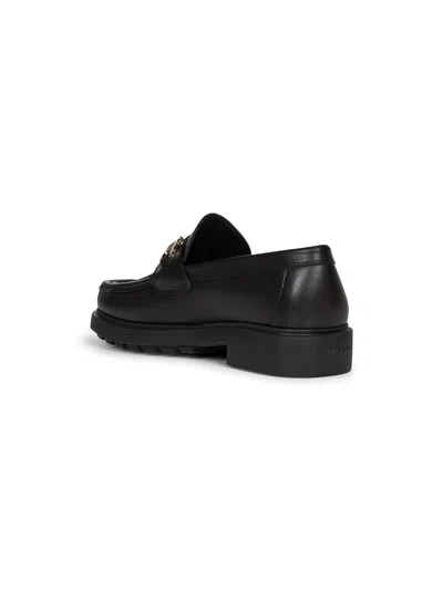 Ferragamo Men Black Leather Loafers With Gancini Ornament
