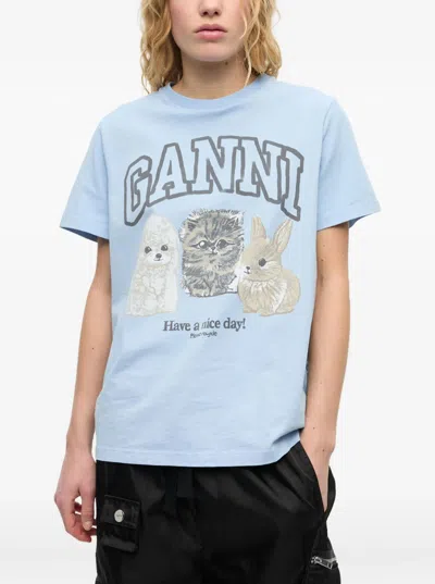 Ganni Light Blue Crewneck T-shirt With Maxi Logo On The Front In Cotton Woman