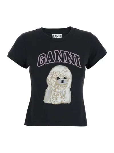 Ganni Women Black T-shirt With Round Neck And Maxi Logo On The Front In Cotton Woman