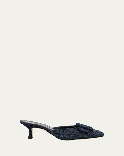 Manolo Blahnik Maysale Denim Buckle Mules