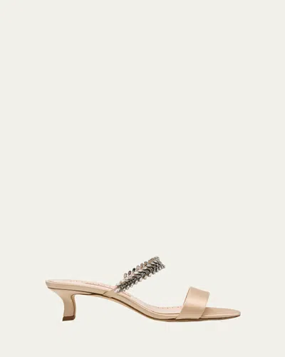 Manolo Blahnik Satin Mules Kifasan Embellished Strap Kitten Heel