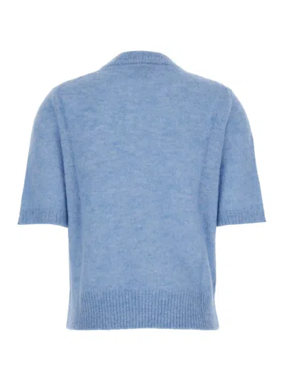 Ganni Light Blue Crewneck T-shirt With Maxi Logo Embroidery On The Front