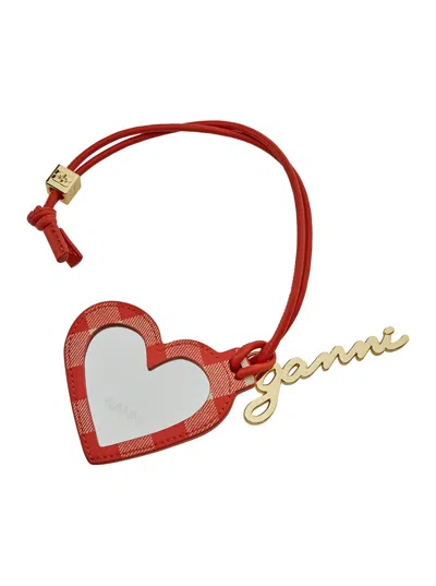 Ganni Red Heart Shaped Mirror With Logo Lettering Charm